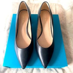 Black Leather Pointed-Toe Heels - Block Heel with Silver Detail.